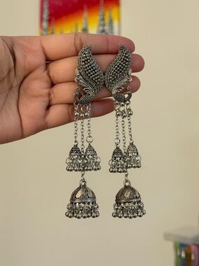 Sterling-Style Silver Peacock Jhumka Earrings - Women Jewelry